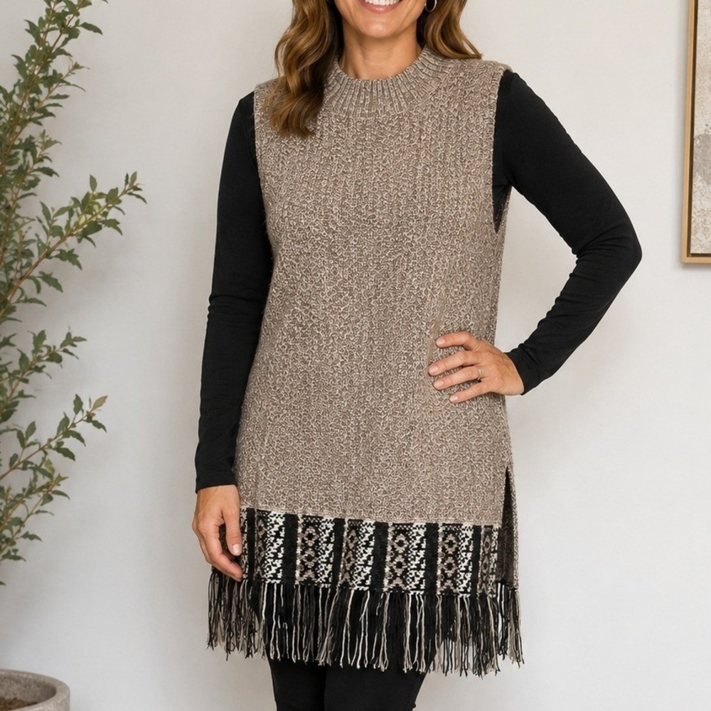 Womens Tan Knit Fringe Sweater Tunic Dress Mock Neck Western L Boho Cottagecore‎